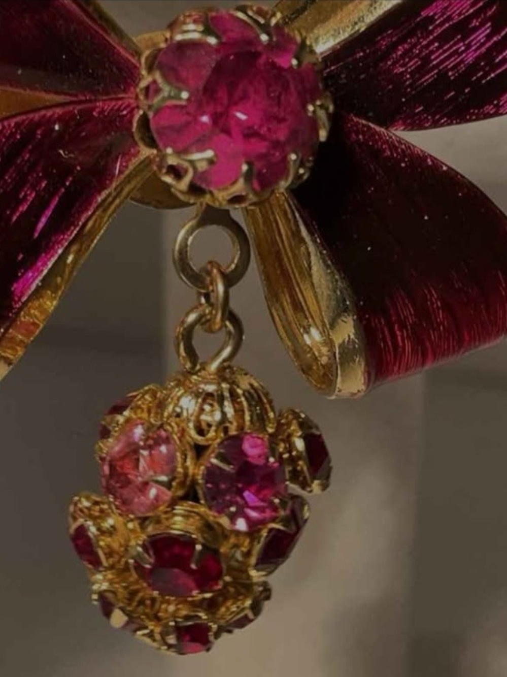 Albert Weiss Gold Bow Brooch with Deep Pink Crystal Dangle